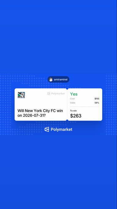 A Polymarket betting slip shows a wager of $263 to win on "Will New York City FC win on 2026-07-31" (MLS match vs Toronto FC), with a cost of $155 and odds of 58%, shared by user "amir.amirel" on a blue background.
