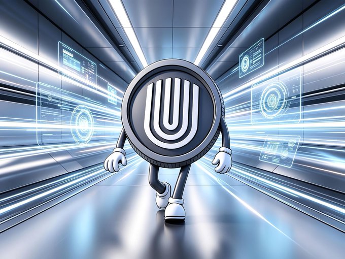 A metallic "U" coin mascot with arms and legs walks confidently down a futuristic neon-lit corridor lined with glowing data panels. The image visually reinforces the post's message about a Unification platform account merge update, where users attempting to withdraw rewards may encounter an email registration issue due to security changes that no longer support temporary or alias addresses.