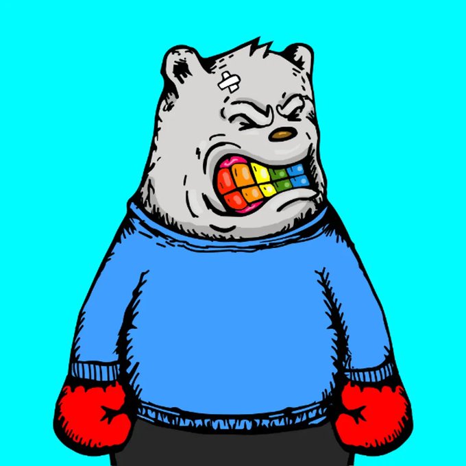 A cartoon illustration of an angry-looking bear or rodent character wearing a blue sweater, with a rainbow-colored grill in its mouth and red boxing-glove-like hands.