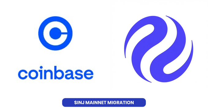 The image shows the Coinbase logo alongside the Injective (INJ) logo with a banner reading "SINJ MAINNET MIGRATION," visually confirming the migration of INJ tokens from Coinbase to Injective's mainnet that is underway through July 22nd.