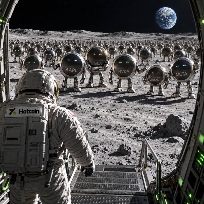 An astronaut wearing a 'Hotcoin' branded backpack stands at a lunar base facing an army of robots labeled with stock tickers (AAPL, TSLA, NVDA, AMZN, META) on the moon, with Earth visible in the background.