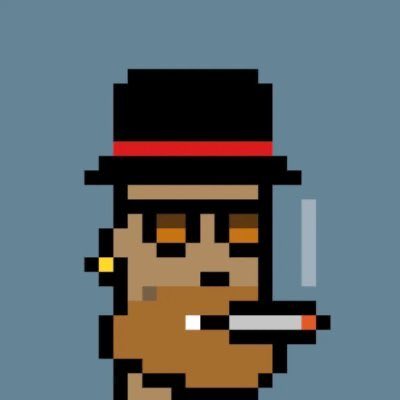 A pixel art character wearing a black and red top hat, smoking a cigarette, and sporting a mustache and earring against a solid blue background.