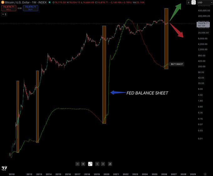 The image displays an interactive chart with two lines - one green and one red - positioned above each other. The green line seems to represent the price of Bitcoin, while the red line depicts the Fed's balance sheet. On this page, there is a summary of the data, which provides information about the cryptocurrency market and its relationship with the financial industry. Considering this context, it appears that the chart might be explaining how the value of Bitcoin or the Fed's balance sheet can potentially impact each other in times of market fluctuations or economic events.