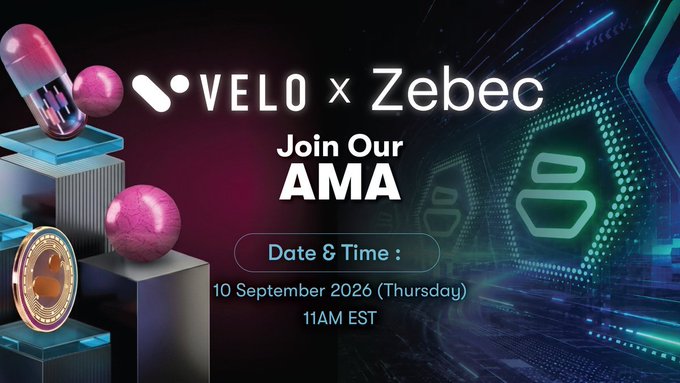 The image is a promotional graphic for a "VELO × Zebec" AMA event scheduled for 10 September 2026 (Thursday) at 11AM EST, featuring pink capsule and sphere visuals alongside digital circuit designs. It complements the announcement about $Velo and $ZBCN collaborating on "PayFi" (Payment Finance) by inviting the community to learn more about this integration through the live discussion.