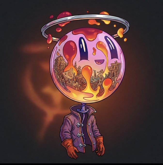 A cartoon character with a glowing, lava-like spherical head containing miniature ruins wears a purple coat and red gloves, with a silver halo hovering above and fiery droplets floating around, symbolizing an otherworldly explorer celebrating the milestone of 5,000 supporters while entering a whitelist giveaway for an NFT project.