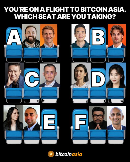 A promotional graphic for 'Bitcoin Asia' titled 'YOU'RE ON A FLIGHT TO BITCOIN ASIA. WHICH SEAT ARE YOU TAKING?' showing various speakers seated in labeled rows A through F.