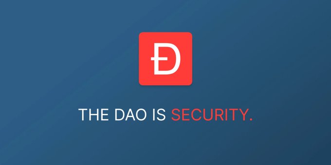 A blue graphic displays a red logo with a stylized 'D' and the text 'THE DAO IS SECURITY.'