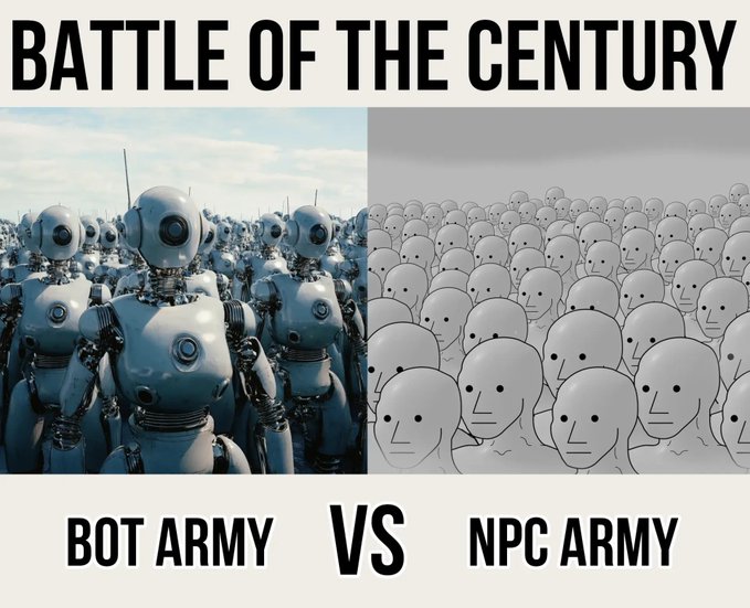 A meme titled "BATTLE OF THE CENTURY" featuring a "BOT ARMY" of humanoid robots on the left facing an "NPC ARMY" of identical gray featureless faces on the right, humorously depicting the $NPC token community as an unstoppable force that can defeat any opposition.