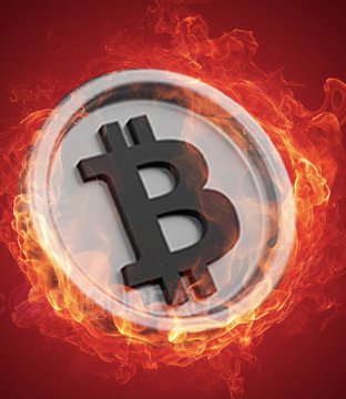 A flaming Bitcoin coin engulfed in fiery orange and red hues against a deep red background, symbolizing Bitcoin's sharp decline below the $62,000 mark and the market turmoil that erased its weekend gains.