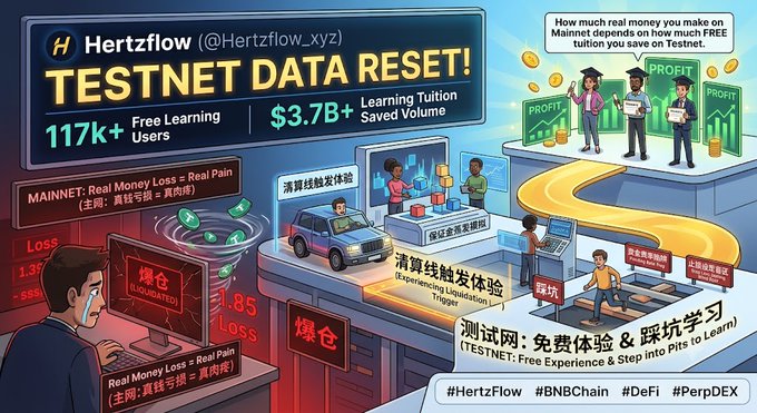 The image is a promotional graphic for Hertzflow (@Hertzflow_xyz) announcing a testnet data reset, highlighting 117k+ free learning users and $3.7B+ in learning tuition saved volume. It visually contrasts the painful real-money losses from mainnet liquidations with the risk-free learning experience on its testnet, featuring characters experiencing liquidation events and others earning profits through free education.