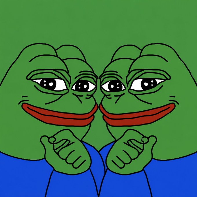 An illustration of two Pepe the Frog characters with smiling faces and clasped hands against a green background.