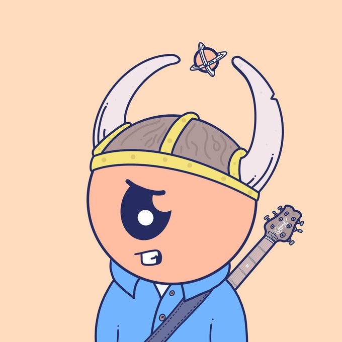 An illustration of a cartoon character wearing a Viking horned helmet with a small planet (Saturn-like) floating between the horns, holding a guitar over their shoulder.