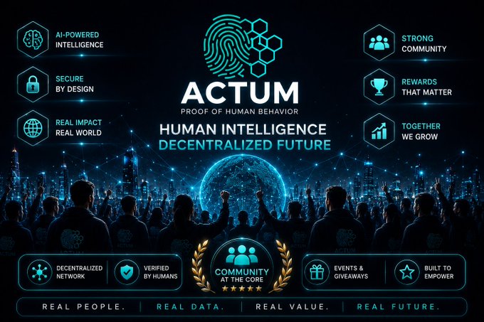 A promotional graphic for 'ACTUM - Proof of Human Behavior' promoting Human Intelligence and a Decentralized Future with features like AI-Powered Intelligence and Strong Community.