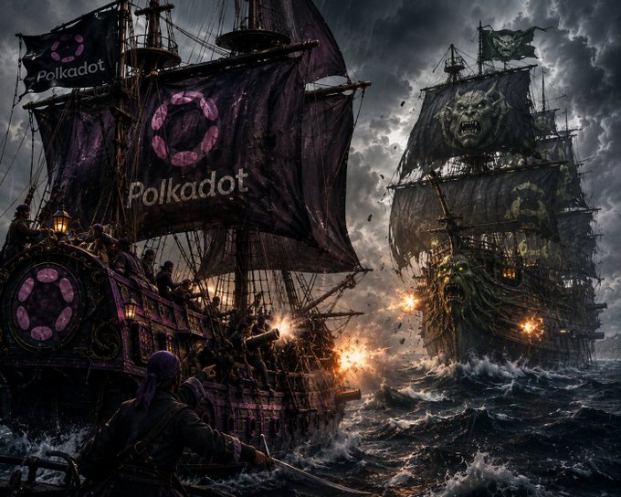 A dramatic digital artwork depicting a naval battle between two pirate ships, with one ship flying a "Polkadot" flag with the polkadot logo against a monster-faced ship with skull sails.