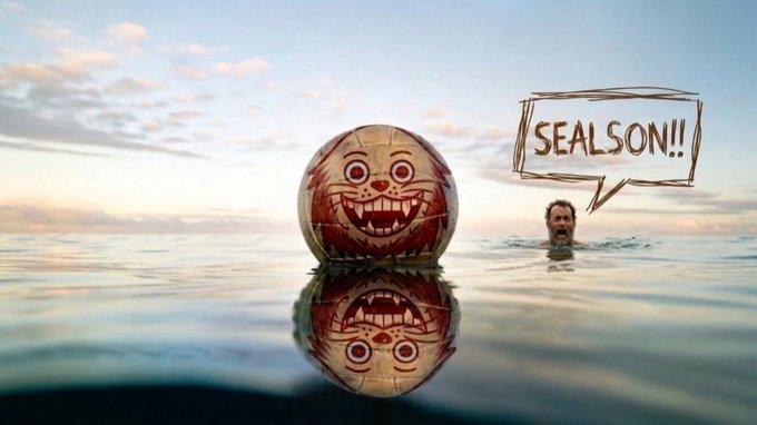 Humorous image showing a large orange and white ball with a creepy cartoon face floating in the ocean at sunset, while a shocked man in the water has a speech bubble exclaiming 'SEALSON!!'