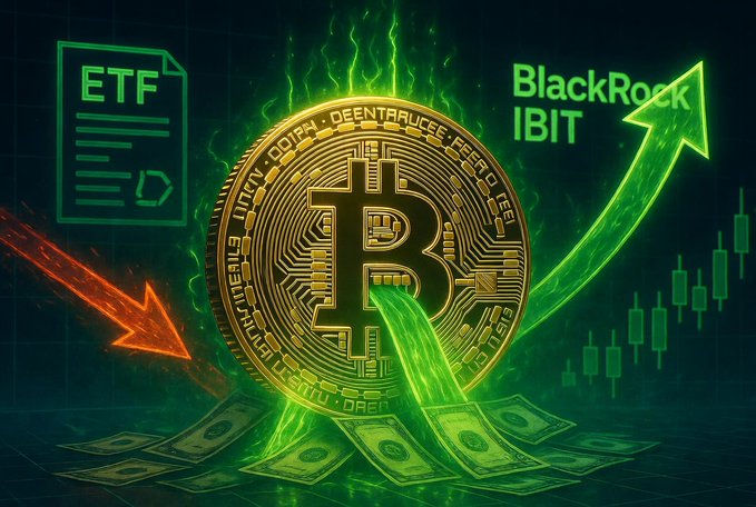 A digital graphic shows a gold Bitcoin surrounded by green flames and cash, with arrows pointing up and down, alongside text for 'ETF' and 'BlackRock IBIT' over a stock chart background.
