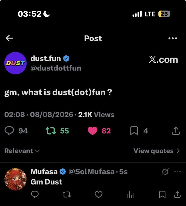 A mobile screenshot of an X (Twitter) post by verified account @dustdotfun asking 'gm, what is dust(dot)fun?' with engagement metrics including 94 comments and 82 likes.
