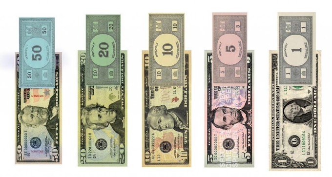 Monopoly play money denominations ($50, $20, $10, $5, $1) overlaid on top of real US currency bills.