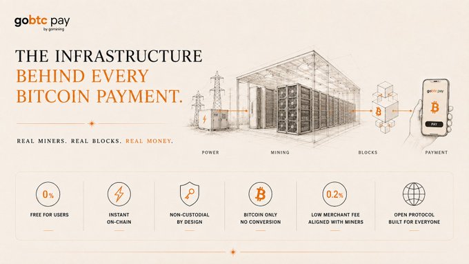 A promotional infographic from GoBTC Pay (by gobtc) titled "The Infrastructure Behind Every Bitcoin Payment," showing a workflow from power stations to mining data centers to blocks to a smartphone payment, highlighting features like "0% Free for Users," "Instant On-Chain," "Non-Custodial by Design," "Bitcoin Only - No Conversion," "0.2% Low Merchant Fee Aligned with Miners," and "Open Protocol Built for Everyone," reinforcing the post's message that GoBTC Pay operates directly on the real Bitcoin mining infrastructure rather than traditional banking rails.