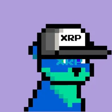 A pixel art character with a blue visor marked 'XRP' over their eyes, wearing a blue and cyan outfit against a purple background.