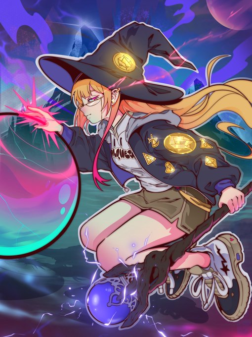 An anime-style illustration features a witch character in a black hat and jacket casting pink magic while floating on a broomstick in a vibrant purple cosmic setting.