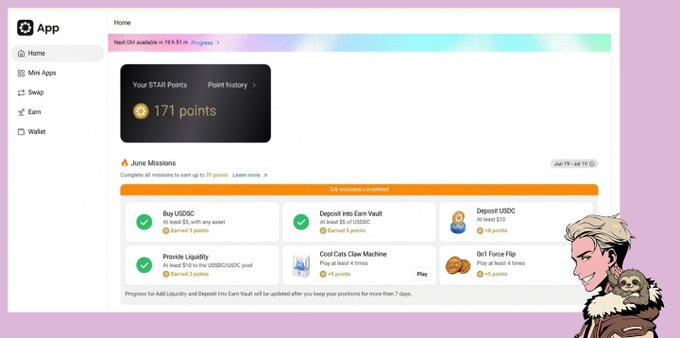 A screenshot of a crypto rewards app showing 171 STAR Points and June Missions including 'Buy USDC,' 'Deposit into Earn Vault,' 'Deposit USDC,' 'Provide Liquidity,' 'Cool Cats Claw Machine,' and 'On1 Force Flip.'
