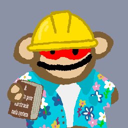 A cartoon monkey character wearing a yellow construction hard hat and a blue floral Hawaiian shirt, holding a brown bag.