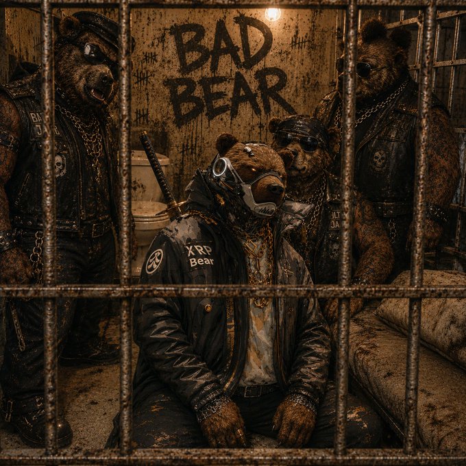 A gritty, stylized image shows several bears dressed in biker leather and sunglasses behind prison bars, with 'BAD BEAR' spray-painted on the wall and 'XRP Bear' visible on a jacket.