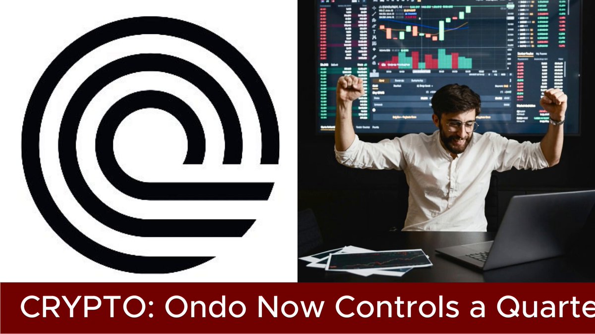 The image shows a man sitting at his desk, holding up both hands in an excited gesture while wearing glasses and a white shirt. In front of him there is a black laptop computer displaying market charts or data. The text at the bottom of the image reads "CypTO: Ondo Now Controls A Quarter Of The tokenized market Ondo", indicating that the man is involved with Bitcoin mining operations or cryptocurrency trading, likely using the power of mining to control the tokenized market's growth.