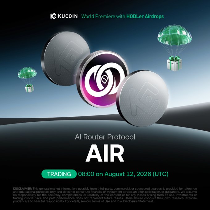 A promotional graphic for KuCoin announces the "World Premiere with HODLer Airdrops" listing of AI Router Protocol ($AIR), featuring large metallic coins and a glowing emblem against a dark background with green parachutes delivering airdrop boxes. The image matches the post's details, highlighting the token's name and ticker ($AIR) alongside the launch date of 08:00 on August 12, 2026 (UTC) for trading.