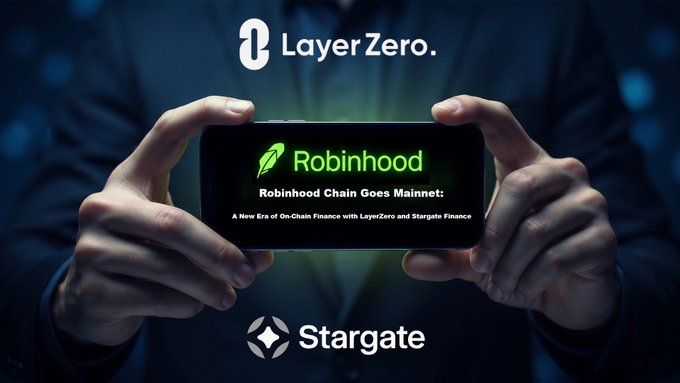 Two hands hold a smartphone displaying the "Robinhood" logo and the text "Robinhood Chain Goes Mainnet: A New Era of On-Chain Finance," with "Layer Zero" branding above and "Stargate" branding below, visually announcing the partnership between Robinhood Chain, LayerZero, and Stargate Finance for the mainnet launch.