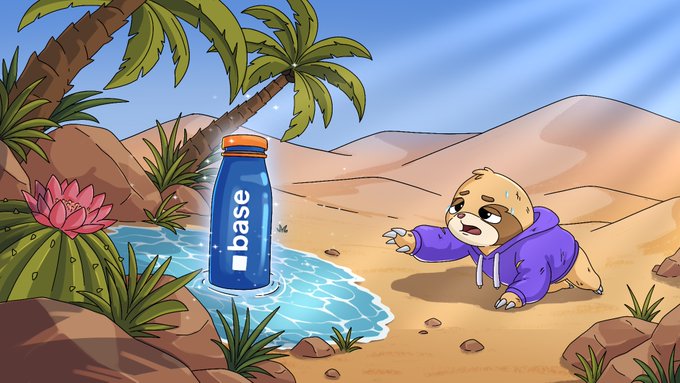 A sweating pug in a purple hoodie desperately reaches toward a glowing blue water bottle labeled "base" in a desert oasis, illustrating the post's message to "Stay hydrated, Degens" with the Base-branded bottle symbolizing relief for exhausted crypto traders.