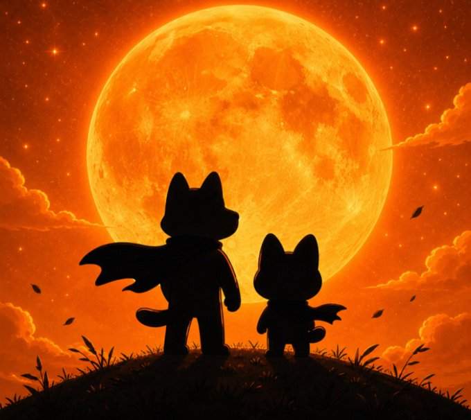 Two silhouetted cat-like figures stand on a grassy hill gazing up at a massive glowing orange moon surrounded by stars and clouds. The scene's celestial, awe-inspiring mood complements the "Still BONKin" caption, evoking a sense of unwavering wonder and steadfastness—like characters mesmerized by something larger than themselves, mirroring persistent optimism in a cryptocurrency.