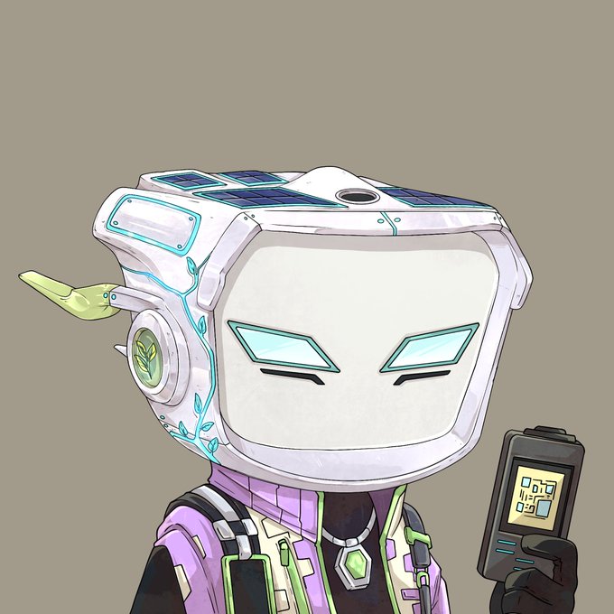 An anime-style illustration of a character wearing a large white robotic helmet with solar panels and glowing blue eyes, holding a handheld electronic device.