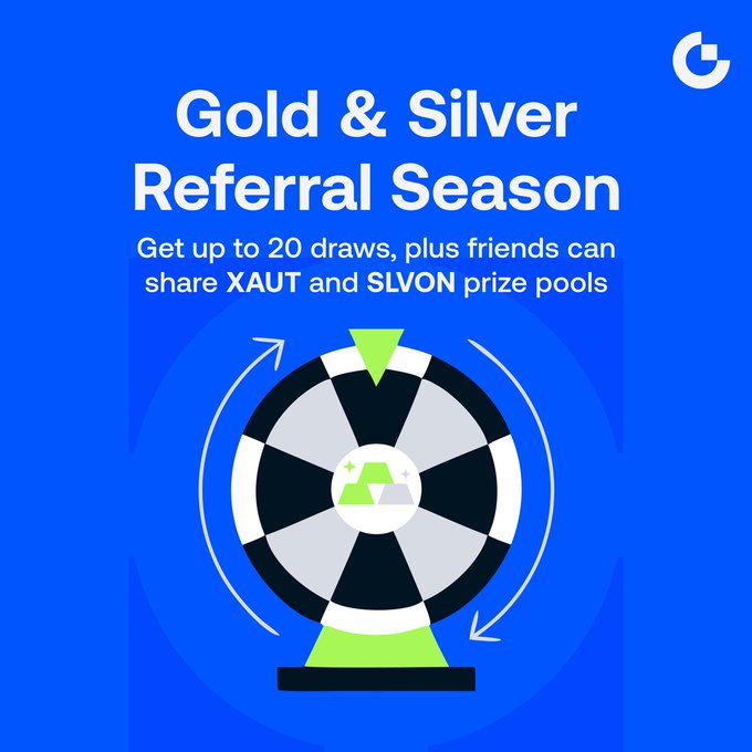 A promotional graphic with a blue background announcing the "Gold & Silver Referral Season," featuring a black and white prize wheel with a green gold bar icon at its center. Text offers up to 20 draws with prize pools in XAUT and SLVON, visually reinforcing the precious metals referral campaign described.