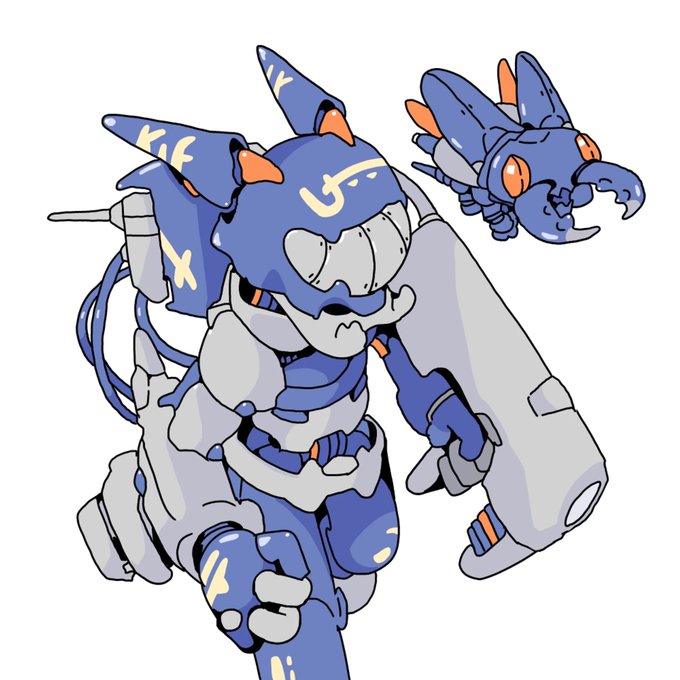 An illustration of a blue and white robotic mech suit with horn-like protrusions, accompanied by a smaller flying drone with claw-like features, both rendered in a detailed anime-style design.