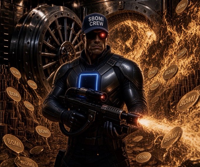 A dramatic illustration of a tactical soldier wearing a '$BOMI CREW' hat and tactical gear, holding a gun, surrounded by gold coins labeled 'BOMI' with a large vault door in the background.