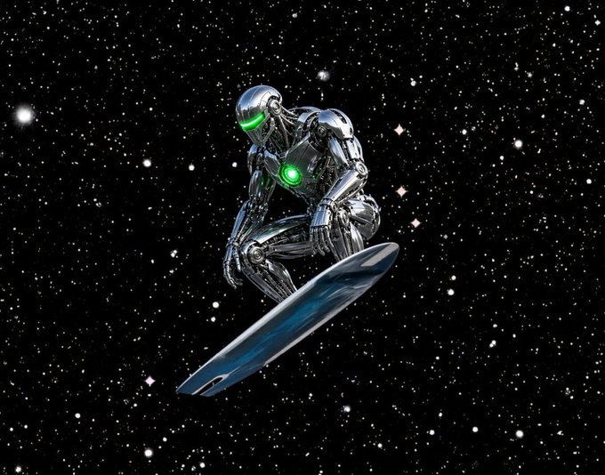 A metallic robotic figure with glowing green accents crouches on a surfboard-like object against a backdrop of stars in the cosmos.