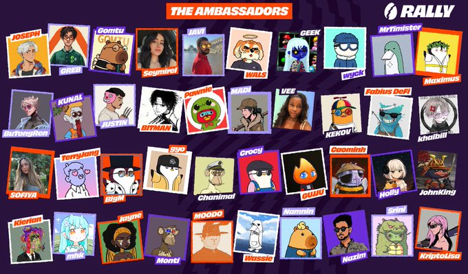 A collage titled 'THE AMBASSADORS' for Rally featuring numerous cartoon avatar profiles with usernames like JOSEPH, GOMU GOMU, GEEK, MrFinister, Burungtemen, SOFIYA, MOODO, and Maximus.