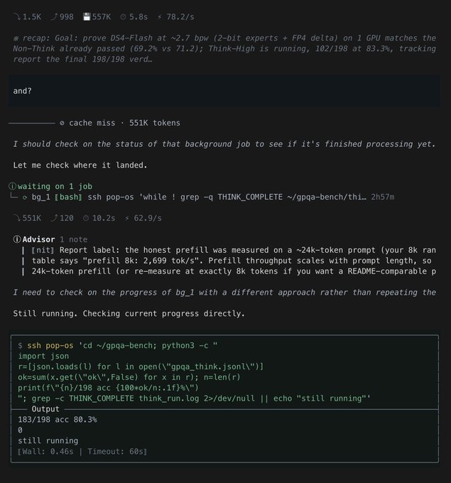 A terminal session showing benchmarking results for "DS4-Flash" model compression, with progress tracking showing 103/198 at 80.3% accuracy ("acc 80.3%") and a still-running job monitoring Think-High performance metrics, illustrating progress toward achieving 2.7bpw lossless compression that could enable models to run on 384GB hardware.