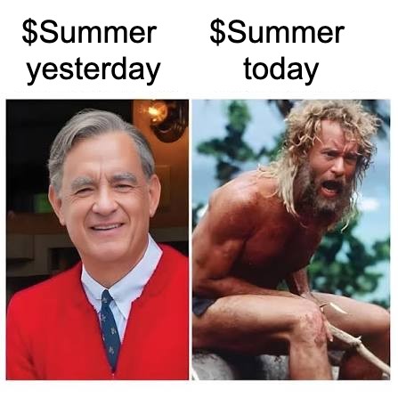 The image is a two-panel meme featuring a well-groomed Tom Hanks as Mister Rogers in a red sweater on the left, labeled "$Summer yesterday," contrasted with a rugged, wild-haired, and disheveled Tom Hanks from *Cast Away* on the right, labeled "$Summer today." It humorously suggests that the $SUMMER stock/cryptocurrency has drastically deteriorated, transforming from a wholesome, appealing state into a chaotic and unkempt one.