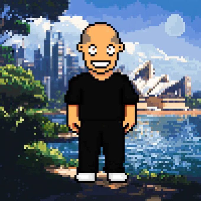A pixel art avatar of a smiling bald man in a black shirt stands against a scenic cityscape background featuring a skyline, water, and mountains, fitting a "Gm" morning greeting post about XRP NFTs.