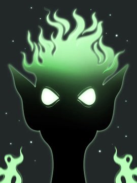 A dark silhouette of a creature with pointed ears and glowing eyes topped with green flames against a starry night background.