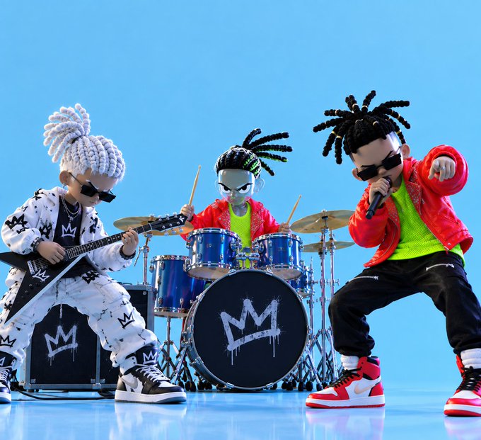 Three animated characters with dreadlocks and sunglasses perform on a stage with blue drums featuring a dripping crown logo, styled in vibrant streetwear.