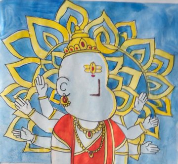 The image features a cartoon drawing of a deity with a white head, red body, and gold crown, surrounded by multiple arms extending outwards from its head. The deity appears to be wearing a red dress and has a gold necklace around its neck. The deity is depicted in a cartoon style, giving it a playful and whimsical appearance. The image also includes text that reads "I missed the mint, but maybe this is my chance to earn a place in the NPC family Created this artwork with my leg, inspired by our village god @npconchain".