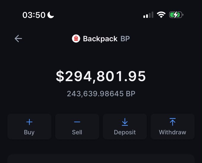 Mobile app screenshot showing a Backpack BP crypto wallet with a balance of $294,801.95 (243,639.98645 BP), featuring Buy, Sell, Deposit, and Withdraw buttons, with the time showing 03:50.