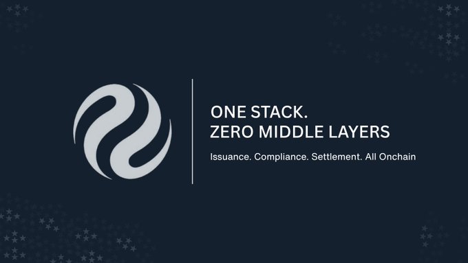 A dark blue promotional banner with a logo reading 'ONE STACK. ZERO MIDDLE LAYERS - Issuance. Compliance. Settlement. All Onchain'.