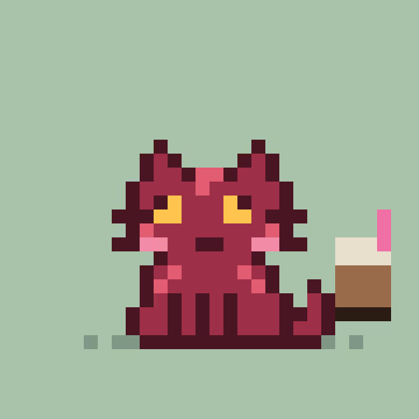 Pixel art illustration of a small dark red creature with yellow eyes and pink cheeks, holding a coffee cup with a straw, set against a pale green background.