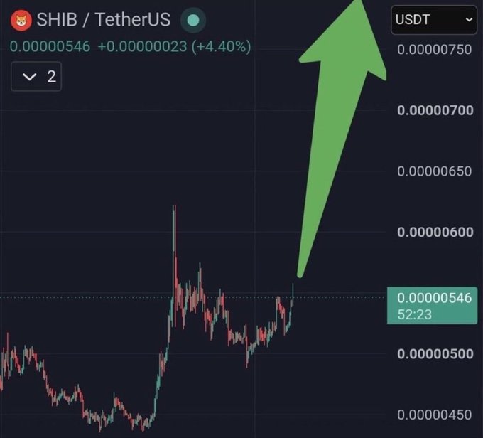 A candlestick chart showing the price of SHIB/TetherUS (USDT) cryptocurrency, with a current price of 0.00000546 and a +4.40% increase indicated by a green arrow.