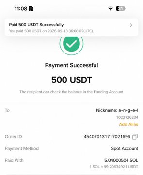 A mobile screenshot confirms a successful payment of 500 USDT (paid with 5.00400504 SOL at a rate of 1 SOL = 99.20634921 USDT) to the recipient with nickname "a-n-g-e-l" and UID 1023726234 on 2026-09-13, with Order ID 454070131717021696. The image serves as proof of the $500 transfer referenced in the post, which promises to send $500 to a total of five people throughout the day.